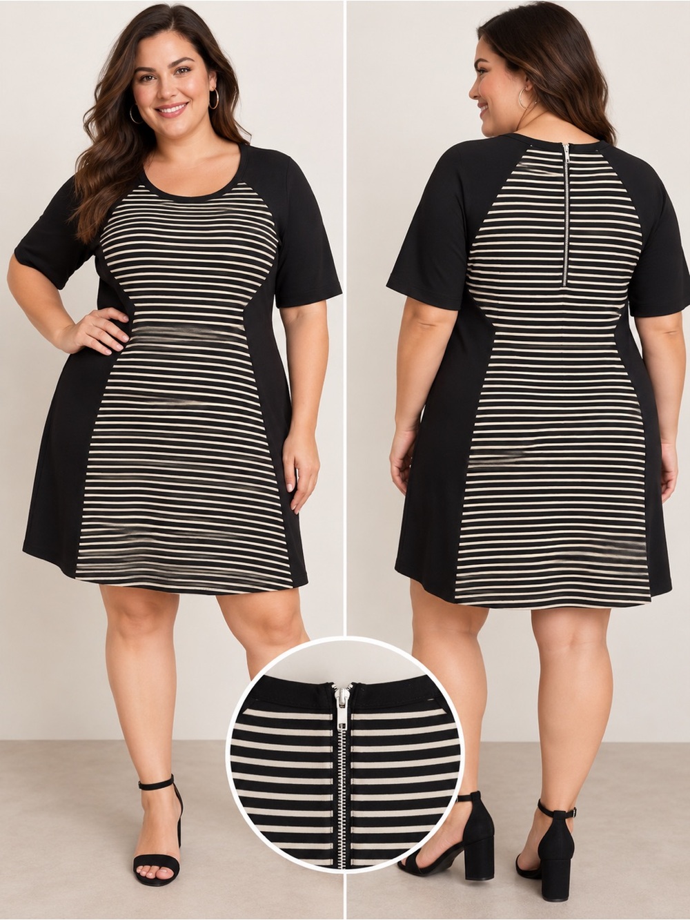 Lane Bryant Striped Shift Dress Black Cream Plus Size 18/20 Midi Zip Back